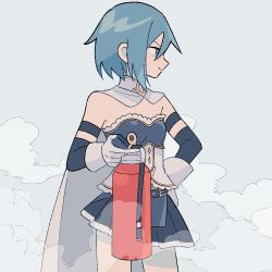 Rule 34 | 1girl, bare shoulders, belt, blue belt, blue eyes, blue hair, blue skirt, breasts, cape, closed mouth, cowboy shot, detached sleeves, facing away, fire extinguisher, frills, gloves, grey background, hand on own hip, holding, legs apart, looking afar, mahou shoujo madoka magica, mahou shoujo madoka magica (anime), miki sayaka, pleated skirt, profile, short hair, simple background, skirt, small breasts, smile, solo, steam, strapless, thighs, tsurime, white cape, white gloves, yuri7s0