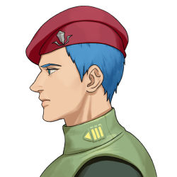 Rule 34 | 1boy, bad id, bad pixiv id, beret, blue eyes, blue hair, chirico cuvie, emma (transformersera), from side, green jacket, hair behind ear, hat, jacket, looking ahead, male focus, military, military uniform, nose, red hat, solo, soukou kihei votoms, uniform, upper body, white background