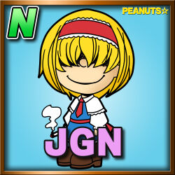 Rule 34 | 1girl, alice margatroid, blonde hair, blue background, blue dress, boots, border, brown border, brown footwear, capelet, card (medium), card parody, character name, charles schulz (style), chibi, cigarette, closed mouth, collared capelet, commentary request, cookie (touhou), copyright name, dress, full body, hair between eyes, hair over eyes, hairband, highres, holding, holding cigarette, jigen (cookie), long bangs, meta meta, necktie, peanuts (comic), red hairband, red necktie, short hair, simple background, smile, smoke, solo, standing, star (symbol), touhou, white capelet