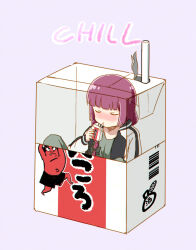 1girl alcohol_carton black_jacket blush bocchi_the_rock! bow box closed_eyes dress drinking drunk english_text green_dress hair_bow hiroi_kikuri holding_carton in_box in_container jacket long_hair long_sleeves nose_blush pink_background purple_hair simple_background sitting solo torako_(toramaru)