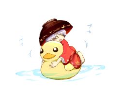 Rule 34 | 1girl, barefoot, bird, blush, bowl, closed eyes, duck, full body, huggle, japanese clothes, kimono, long sleeves, mini person, minigirl, open mouth, purple hair, reishen, rubber duck, short hair, simple background, solo, sukuna shinmyoumaru, touhou, water, white background, wide sleeves