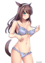 Rule 34 | 10s, 1girl, :o, animal ears, aruma jiki, bare shoulders, blue bra, blue eyes, blue panties, bow, bow bra, bow panties, bra, breasts, brown hair, cat ears, cat tail, collarbone, cowboy shot, eyebrows, facial mark, final fantasy, final fantasy xiv, frills, gluteal fold, hairband, jewelry, large breasts, long hair, miqo&#039;te, navel, necklace, panties, pulling own clothes, simple background, solo, stomach, tail, twitter username, underwear, underwear only, white background, yellow bow
