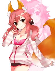 Rule 34 | 10s, 1girl, animal ears, blush, breasts, casual, cleavage, fate/extra, fate (series), fox ears, fox tail, hair ornament, long hair, looking at viewer, official alternate costume, open clothes, open shirt, pink hair, shirt, simple background, smile, solo, standing, tail, tamamo no mae (fate/extra), tamamo no mae (spring casual) (fate), twintails, white background, yellow eyes, zoom layer