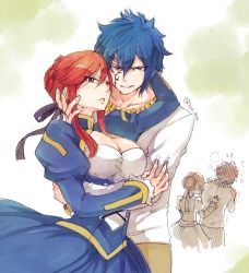Rule 34 | 1boy, 1girl, artoria pendragon (all), artoria pendragon (fate), blue eyes, blue hair, blush, breasts, brown eyes, cleavage, cosplay, dress, erza scarlet, fairy tail, fate/stay night, fate/zero, fate (series), gilgamesh (fate), gilgamesh (fate) (cosplay), jellal fernandes, large breasts, long hair, looking at viewer, red hair, rusky, saber (fate), saber (fate) (cosplay), tattoo, yellow eyes