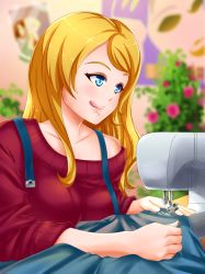 Rule 34 | 1girl, :q, artist request, blonde hair, blue eyes, cloth, collarbone, date crush stories, day, flower, game cg, highres, holding, indoors, leaf, long hair, long sleeves, needle, off shoulder, plant, poster (medium), poster (object), potted plant, red sweater, rose (date crush stories), ruler, sewing, sewing machine, sewing needle, sitting, smile, solo, sweater, table, tongue, tongue out, wall