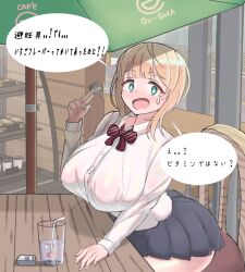 Rule 34 | 1girl, absurdres, aqua eyes, black skirt, blonde hair, blush, bow, bowtie, breasts, bright pupils, buttons, cafe, chair, collared shirt, condom, condom box, condom wrapper, constricted pupils, cowboy shot, curvy, drinking straw, full-face blush, glass, hand on table, hand up, highres, holding, huge breasts, long sleeves, looking at viewer, medium hair, open mouth, original, oswald (fhtk7841), pleated skirt, red bow, red bowtie, school uniform, shirt, sitting, skirt, solo, speech bubble, striped, striped bow, surprised, sweatdrop, table, translated, white pupils, white shirt, wooden table