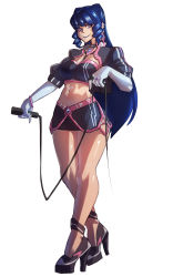 Rule 34 | 1girl, alternate costume, blue eyes, blue hair, breasts, choujikuu yousai macross, commentary, cosmikaizer, crossed legs, drill hair, drill sidelocks, english commentary, high heels, highres, holding, holding microphone, long hair, looking to the side, lynn minmay, macross, medium breasts, microphone, midriff, navel, sidelocks, solo, standing, very long hair, white background