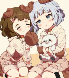 Rule 34 | 2girls, aged down, animal ears, animal hands, arm support, blue eyes, blue hair, blush stickers, bone print, brown footwear, brown gloves, brown hair, brown overalls, child, closed eyes, commentary, dog ears, flower, fur-trimmed sleeves, fur trim, gloves, hair flower, hair ornament, hairclip, hand up, holding, holding stuffed toy, hood, hoodie, idolmaster, idolmaster million live!, idolmaster million live! theater days, kneeling, light blue hair, long sleeves, looking ahead, miyao miya, multiple girls, overall shorts, overalls, parted lips, paw gloves, pyopyo, shiraishi tsumugi, short hair, sidelocks, sitting, smile, stuffed animal, stuffed toy, teddy bear, wariza, wavy hair, white hoodie, yellow background