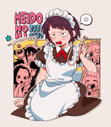 Rule 34 | 2022, 6+girls, alternate costume, anger vein, apron, ashido mina, asui tsuyu, black dress, blush, boku no hero academia, cake, cake slice, closed eyes, closed mouth, commentary, dated, dress, eating, embarrassed, enmaided, female focus, food, frilled sleeves, frills, grey background, grin, hagakure tooru, horns, invisible, jirou kyouka, long hair, looking at viewer, maid, maid apron, maid headdress, mommorua, multiple girls, one eye closed, open mouth, outline, own hands together, romaji text, short hair, smile, solo focus, spoken anger vein, standing, uraraka ochako, v, white outline, wink, yaoyorozu momo