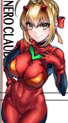 Rule 34 | 1girl, absurdres, ahoge, blonde hair, bodysuit, breasts, character name, commentary request, cosplay, cowboy shot, curvy, fate/extra, fate (series), green eyes, hair bun, hair intakes, hand on own chest, highres, large breasts, neon genesis evangelion, nero claudius (fate), nero claudius (fate) (all), nero claudius (fate/extra), plugsuit, red bodysuit, shiny clothes, single hair bun, smile, solo, souryuu asuka langley (cosplay), white background, wide hips, yayoi maka