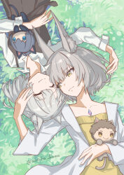 Rule 34 | 2girls, :&gt;, :&lt;, animal ear fluff, animal ears, casual, cat ears, character doll, facial mark, grey hair, highres, looking at another, lying, mio (xenoblade), mother and daughter, multiple girls, nia (xenoblade), noah (xenoblade), on back, parent and child, rex (xenoblade), short hair, smile, very long ears, whisker markings, xenoblade chronicles (series), xenoblade chronicles 2, xenoblade chronicles 3, yanagimachi, yellow eyes