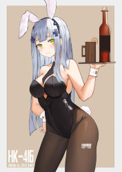 Rule 34 | 1girl, absurdres, animal ears, bare shoulders, black pantyhose, blush, bottle, bottomless, breasts, character name, cup, dated, detached collar, echo (ehchoy), facial mark, fake animal ears, fake tail, girls&#039; frontline, green eyes, grey hair, hair ornament, hand on own hip, highres, hk416 (girls&#039; frontline), large breasts, leotard, long hair, looking at viewer, necktie, pantyhose, playboy bunny, rabbit ears, rabbit tail, solo, tail, tray, wrist cuffs