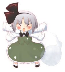 Rule 34 | &gt; &lt;, 1girl, bad id, bad pixiv id, blush, chibi, closed eyes, female focus, flapping, katanakko daisuki, katanako daisuki, konpaku youmu, konpaku youmu (ghost), open mouth, short hair, silver hair, smile, solo, touhou, waving