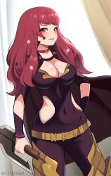 Rule 34 | 1girl, :d, absurdres, belt, black cape, breasts, cape, choker, commentary, covered navel, cowboy shot, facial mark, fire emblem, fire emblem engage, hair ornament, highres, holding, holding weapon, large breasts, long hair, looking at viewer, namu (112namu), nintendo, open mouth, purple choker, red eyes, red hair, reverse grip, smile, solo, standing, star (symbol), star hair ornament, thighs, weapon, yunaka (fire emblem)