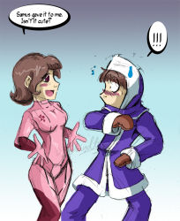 Rule 34 | !, 1boy, 1girl, artist request, blush, brown eyes, brown hair, coat, cosplay, gloves, gradient background, hood, ice climber, ice climbers, metroid, mittens, nana (ice climber), nintendo, open mouth, popo (ice climber), purple eyes, samus aran, samus aran (cosplay), short hair, signature, simple background, super smash bros., surprised, sweatdrop, watermark, zero suit