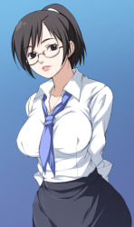 Rule 34 | 1girl, arms behind back, black eyes, black hair, breasts, glasses, holon, large breasts, necktie, pencil skirt, ponytail, real drive, short hair, skirt, solo, tannoi, tannoi (nyino), tannoi (pixiv)