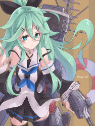 Rule 34 | 10s, 1girl, bare shoulders, blue neckerchief, detached sleeves, green eyes, green hair, hair between eyes, hair ornament, hair ribbon, hairclip, kantai collection, lifebuoy, long hair, machinery, neckerchief, pleated skirt, ponytail, ribbon, sailor collar, skirt, solo, sugue 304, swim ring, turret, twitter username, yamakaze (kancolle)