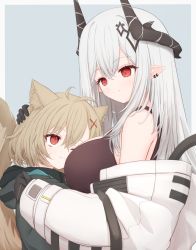 Rule 34 | 2girls, ;3, animal ear fluff, antenna hair, arknights, black coat, black gloves, blush, border, breasts, brown hair, closed mouth, coat, commentary request, doctor (arknights), ear piercing, eye contact, female doctor (arknights), gloves, grey background, hair ornament, height difference, highres, hood, hooded coat, horns, hug, large breasts, long hair, long sleeves, looking at another, looking down, looking up, mudrock (arknights), multiple girls, one eye closed, open clothes, outside border, piercing, pointy ears, risshu, scar, scar on face, short hair, silver hair, simple background, smile, sports bra, tail, white border, x hair ornament