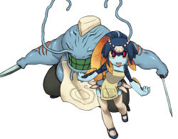 Rule 34 | 1boy, 1girl, apron, black nails, blue skin, blunt bangs, chef, cleaver, closed eyes, colored sclera, colored skin, dress, dual wielding, fins, fish girl, flats, gills, hair ornament, hand on own hip, hat, heart, holding, knife, minette (skullgirls), monster boy, monster girl, nail polish, open mouth, pink eyes, scales, shell, simple background, skullgirls, smile, thighhighs, topless male, tsukudani (coke-buta), waitress, white background, white thighhighs, yellow sclera, yu-wan (skullgirls)