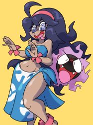 Rule 34 | 10s, 1girl, @ @, ahoge, alternate breast size, bikini, breasts, cosplay, creatures (company), dark skin, game freak, gastly, gen 1 pokemon, hair ornament, hairband, hex maniac (pokemon), highres, large breasts, long hair, messy hair, navel, nintendo, npc trainer, orange background, phoebe (pokemon), phoebe (pokemon) (cosplay), pokemon, pokemon xy, purple eyes, purple hair, sarong, shenanimation, simple background, strapless, swimsuit, swimsuit under clothes, tube top, wide hips