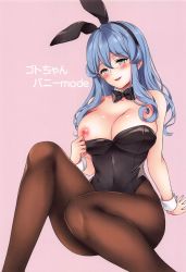Rule 34 | 1girl, alternate costume, animal ears, bare shoulders, blue hair, blush, bow, bowtie, breasts, fake animal ears, gotland (kancolle), hair between eyes, hair bun, highres, kantai collection, large breasts, leotard, long hair, looking at viewer, mole, mole under eye, nanashiki fuuka, nipples, open mouth, pantyhose, pink background, playboy bunny, simple background, sitting, smile, solo