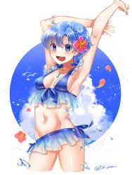 Rule 34 | 1girl, :d, absurdres, arms up, bikini, blue bikini, blue eyes, blue hair, breasts, cleavage, fire emblem, fire emblem: the binding blade, flower, frilled bikini, frills, hair flower, hair ornament, highres, looking at viewer, nintendo, open mouth, shanna (fire emblem), small breasts, smile, solo, stretching, swimsuit, tsukimura (d24f4z8j3t)