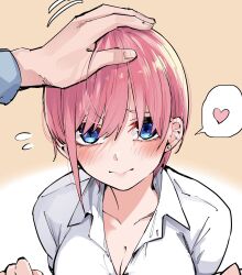 Rule 34 | 1girl, 1other, blue eyes, blush, breasts, cleavage, close-up, closed mouth, commentary, dress shirt, earrings, eyebrows hidden by hair, eyelashes, flying sweatdrops, furrowed brow, go-toubun no hanayome, happy, heart, highres, jewelry, large breasts, light brown background, light smile, looking at viewer, lovestruck, mame1645, motion lines, nakano ichika, pink hair, shirt, short hair, shy, simple background, solo, solo focus, spoken heart, stud earrings, two-tone background, white background, white shirt