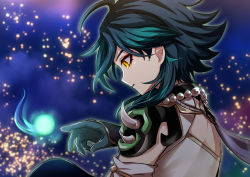 Rule 34 | 1boy, absurdres, ahoge, arm guards, bead necklace, beads, black hair, blurry, blurry background, cloud, cloudy sky, detached sleeves, elemental (creature), from side, genshin impact, gloves, green gloves, green hair, highres, jewelry, light, light particles, long hair, male focus, multicolored hair, necklace, night, night sky, open mouth, outdoors, rvve, shoulder pads, shoulder spikes, sky, solo, spikes, xiao (genshin impact), yellow eyes