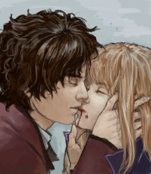 Rule 34 | 1boy, 1girl, blonde hair, blood, blood from mouth, brown hair, closed eyes, from side, gintama, hands on another&#039;s face, imminent kiss, medeakn, mutsu (gintama), sakamoto tatsuma