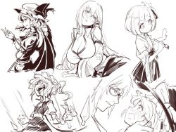 Rule 34 | 1boy, 5girls, :d, asutora, bare shoulders, bat wings, blush, bob cut, bow, breasts, calligraphy brush, cleavage, commentary request, constricted pupils, cowboy shot, crystal, detached sleeves, dress, eye contact, fangs, fingernails, flandre scarlet, flower, from side, glasses, hair between eyes, hair flower, hair ornament, hair tubes, hakama, hakama skirt, hand up, hat, hat bow, hat ribbon, head tilt, hieda no akyuu, holding, holding brush, japanese clothes, kimono, kirisame marisa, kochiya sanae, large breasts, long hair, looking at another, mob cap, monochrome, morichika rinnosuke, multiple girls, nose blush, open mouth, paintbrush, parted lips, profile, remilia scarlet, ribbon, sash, sharp fingernails, short hair, simple background, sketch, skirt, skirt set, smile, touhou, vest, white background, wing collar, wings, witch hat, wrist cuffs
