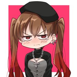 Rule 34 | 1girl, amai nekuta, beret, black dress, black hat, blush, bocchi the rock!, brown hair, closed mouth, cross, cross necklace, dress, earrings, frown, frustrated, furrowed brow, gradient hair, hat, jewelry, long hair, looking at viewer, multicolored hair, necklace, ootsuki yoyoko, red eyes, red hair, solo, tears, twintails