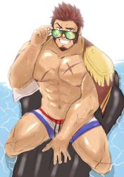 Rule 34 | 1boy, abs, adjusting eyewear, bara, beard, blue eyes, blue male swimwear, blue swim trunks, brown hair, drawstring, facial hair, fate/grand order, fate (series), from above, glasses, hand on eyewear, highres, huge weapon, large pectorals, long sideburns, looking at viewer, looking up, male focus, male swimwear, multicolored male swimwear, multicolored swim trunks, muscular, napoleon bonaparte (fate), nipples, pectorals, print male swimwear, print swim trunks, print swimsuit, raised eyebrows, red male swimwear, red swim trunks, scar, shigetashigezo, shorts, sideburns, simple background, smile, solo, striped, striped male swimwear, striped swim trunks, swim trunks, swimsuit, teeth, thighs, water drop, weapon, white male swimwear, white swim trunks