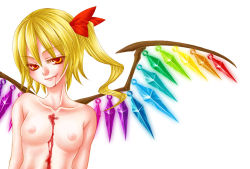 Rule 34 | 1girl, asymmetrical hair, bad id, bad pixiv id, blonde hair, blood, blood on face, blood stain, breasts, collarbone, crystal, fang, female focus, flandre scarlet, glowing, glowing eyes, hair ribbon, natsumoto, nipples, rainbow order, red eyes, ribbon, short hair, side ponytail, simple background, small breasts, smile, smirk, solo, topless, touhou, white background, wings