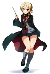 Rule 34 | 10s, 1girl, arm behind back, black footwear, black skirt, black socks, blue eyes, blush, braid, breasts, cloak, closed mouth, clothes lift, commentary request, cosplay, darjeeling (girls und panzer), full body, girls und panzer, gryffindor, hair between eyes, harry potter (series), highres, hogwarts school uniform, holding, holding wand, kneehighs, leg up, long sleeves, looking at viewer, medium breasts, miniskirt, ouhashi, pleated skirt, red scarf, scarf, school uniform, shoes, short hair, simple background, skirt, smile, socks, solo, standing, standing on one leg, striped clothes, striped neckwear, striped scarf, tareme, thigh gap, uwabaki, wand, white background, wide sleeves, wizarding world