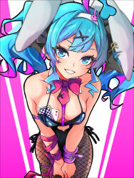 Rule 34 | 1girl, animal ears, bare shoulders, bent over, black leotard, black ribbon, blue eyes, blue hair, blurry, blurry foreground, bow, bowtie, breasts, card, cleavage, clothing cutout, collarbone, cowboy shot, cutout above navel, eyelashes, fake animal ears, fishnet pantyhose, fishnets, hair ornament, hair ribbon, hairband, hands on own legs, hatsune miku, heart cutout, highres, leotard, looking at viewer, medium breasts, medium hair, pakotaroh, pantyhose, parted lips, pink background, pink bow, pink bowtie, pink ribbon, playboy bunny, playing card, pure pure (rabbit hole), rabbit ears, rabbit hair ornament, rabbit hole (vocaloid), ribbon, smile, solo, spaghetti strap, teardrop facial mark, twintails, vocaloid, white background, white hairband, x hair ornament
