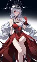 1girl 2sankta absurdres arknights bare_shoulders breasts cleavage closed_mouth collarbone commentary_request crown dress feet_out_of_frame gloves grey_hair hair_between_eyes halter_dress halterneck hand_up highres light_smile long_hair looking_at_viewer medium_breasts official_alternate_costume pelvic_curtain red_dress red_eyes red_gloves revision side_slit sitting skadi_(arknights) skadi_the_corrupting_heart_(arknights) skadi_the_corrupting_heart_(red_countress)_(arknights) solo strap