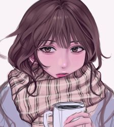 Rule 34 | 1girl, beige scarf, blue jacket, brown eyes, brown hair, brown scarf, coffee, cup, earrings, grey background, highres, holding, holding cup, jacket, jewelry, korean commentary, mug, open mouth, original, portrait, scarf, siri (siri2064), sketch, solo, striped clothes, striped scarf