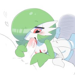 Rule 34 | 1boy, 1girl, :3, blush, breasts, collarbone, colored skin, creatures (company), erection, fellatio, game freak, gardevoir, gen 3 pokemon, green hair, green skin, hair over one eye, half-closed eyes, heart, hetero, highres, kneeling, licking, looking down, loveboxf, male pubic hair, motion lines, multicolored skin, nintendo, nipples, open mouth, oral, penis, pokemon, pokemon (creature), pubic hair, red eyes, short hair, simple background, small breasts, smile, solo focus, spread legs, tongue, tongue out, two-tone skin, veins, veiny penis, white background, white skin