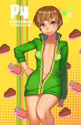 Rule 34 | 1girl, atlus, badge, boned meat, breasts, brown eyes, brown hair, button badge, food, halftone, hand on own hip, jacket, lips, meat, naked jacket, navel, no panties, persona, persona 4, satonaka chie, short hair, sleeves pushed up, small breasts, smile, solo, track jacket, unzipped, yuksi, zipper