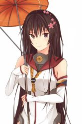 Rule 34 | 10s, 1girl, alternate hairstyle, bad id, bad twitter id, blush, breasts, brown eyes, brown hair, detached sleeves, female focus, flower, hair down, hair flower, hair ornament, kanpyo (hghgkenfany), kantai collection, large breasts, long hair, looking at viewer, smile, solo, umbrella, upper body, very long hair, white background, yamato (kancolle)
