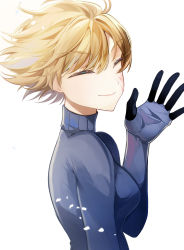 Rule 34 | 1girl, animification, apex legends, blonde hair, blue bodysuit, blue gloves, bodysuit, breasts, closed eyes, facial scar, facing viewer, floating hair, from side, gloves, highres, lichtenberg figure, medium breasts, nitogebeto, scar, scar on cheek, scar on face, short hair, smile, solo, upper body, wattson (apex legends), waving, white background