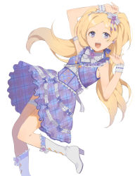 Rule 34 | 1girl, 2l (2lsize), arm up, blonde hair, blush, boots, bow, commentary request, dress, emily stewart, full body, hair ornament, hairband, high heel boots, high heels, highres, idolmaster, idolmaster million live!, idolmaster million live! theater days, long hair, looking at viewer, open mouth, plaid, plaid dress, purple dress, purple eyes, simple background, sketch, sleeveless, sleeveless dress, smile, solo, twintails, white background, white footwear, wrist cuffs