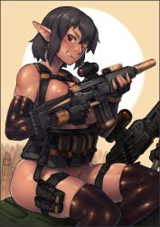 Rule 34 | 1girl, ammunition, ammunition belt, assault rifle, belt, black belt, black gloves, black hair, blush, breasts, brown thighhighs, bullet, chest harness, cleavage, commentary, commentary request, elbow gloves, english commentary, feet out of frame, fingerless gloves, gloves, grin, gun, harness, highres, holding, holding gun, holding weapon, looking at viewer, medium bangs, medium breasts, no panties, one eye closed, original, pointy ears, pouch, puchirisu, red eyes, rifle, scope, short hair, sitting, smile, solo, suppressor, tactical clothes, thighhighs, weapon