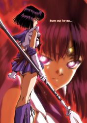 Rule 34 | 1990s (style), 1girl, bishoujo senshi sailor moon, black hair, bob cut, boots, bow, brown bow, choker, elbow gloves, gloves, glowing, glowing eyes, hino ryutaro, holding, holding spear, holding weapon, knee boots, magical girl, polearm, purple footwear, purple skirt, sailor saturn, silence glaive, skirt, solo, spear, staff, tiara, tomoe hotaru, weapon, white gloves