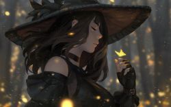 Rule 34 | 1girl, absurdres, black choker, black hair, black hat, blurry, blurry background, bug, butterfly, choker, closed eyes, depth of field, detached sleeves, fingerless gloves, fireflies, forest, from side, gloves, glowing butterfly, guweiz, hat, highres, insect, lips, long hair, nature, nose, original, profile, solo, upper body, witch hat