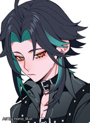 Rule 34 | 1boy, ahoge, alternate costume, black collar, black hair, black shirt, chest harness, closed mouth, collar, collared shirt, earrings, expressionless, genshin impact, green hair, grey background, harness, jewelry, male focus, multicolored hair, nana illust, open clothes, open shirt, orange eyes, shirt, short hair, simple background, solo, twitter username, xiao (genshin impact)