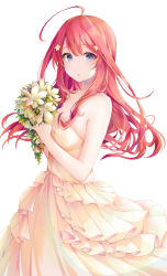 Rule 34 | 1girl, absurdres, ahoge, bad id, bad pixiv id, bare shoulders, beige dress, blue eyes, blush, breasts, collarbone, commentary request, cowboy shot, dress, flower, frilled dress, frills, fusuma (ramunezake), go-toubun no hanayome, hair between eyes, hair ornament, highres, holding, holding flower, large breasts, long hair, looking at viewer, nakano itsuki, parted lips, red hair, sidelocks, simple background, solo, star (symbol), star hair ornament, strapless, strapless dress, wedding dress, white background