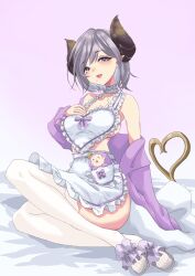 Rule 34 | 1girl, :d, alternate costume, apron, blush, breasts, brown horns, commentary request, demon girl, demon horns, demon tail, frilled apron, frills, full body, grey hair, highres, horns, large breasts, looking at viewer, medium bangs, mole, mole under mouth, nanashi inc., off shoulder, open mouth, pink background, pointy ears, purple eyes, purple shirt, ryokuoushoku hitode, saionji mary, see-through, see-through legwear, shirt, short hair, sideboob, smile, solo, tail, thighhighs, toenails, virtual youtuber, white apron, white thighhighs