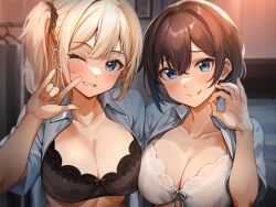 2girls :p absurdres bed bed_sheet black_bra blonde_hair blue_eyes blush bra breast_press breasts brown_hair cleavage clothes_hanger collarbone collared_shirt dress_shirt grin hair_between_eyes highres indoors licking_lips looking_at_viewer medium_breasts multiple_girls non-web_source one_eye_closed open_clothes open_shirt original shiitake_taishi shirt short_hair smile symmetrical_docking tongue tongue_out underwear upper_body white_bra white_shirt