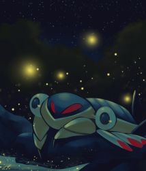 Rule 34 | anorith, black eyes, claws, commentary, creature, creatures (company), dated, game freak, gen 3 pokemon, glowing, looking away, lying, night, night sky, nintendo, no humans, on stomach, outdoors, pokemon, pokemon (creature), pokemon rse, rock, rock-bomber, signature, sky, solo, star (sky), starry sky, tree, water